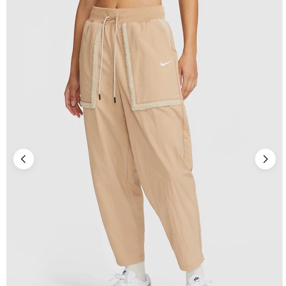 Nike Tan Joggers with White Logo (essential woven loose high rise pants)